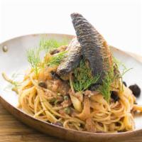 Sarde e Finochetti · Spaghettini with sauteed sardine, fennel, anchovy, olive, caper, tomato paste and bread crum...