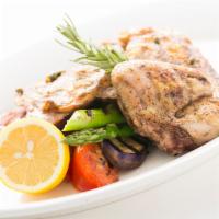 Grilled Chicken with Brown Butter Caper Sauce · Chicken breast and thigh with lemon butter, garlic and capers served with grilled vegetables.