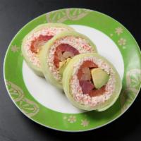 Sunset Roll (6 pcs) · Imitation crab mixed fish avocado roll wrapped with cucumber.