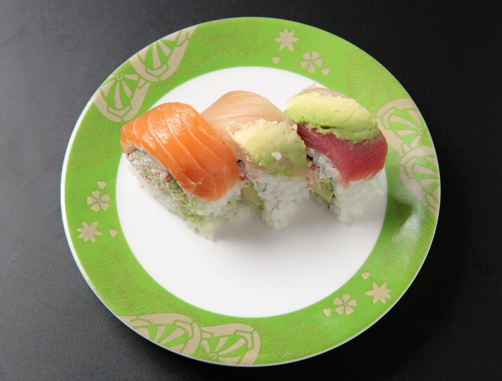 Rainbow Roll (9 pcs) · Imitation crab avocado roll topped with assorted fish.