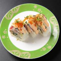 Four Seasons Roll (9 pcs) · Eel avocado roll topped with imitation crab tuna tobiko.