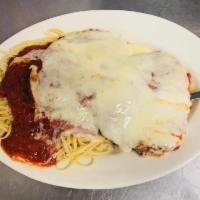 Chicken Parmigiana with Linguini · Free garlic bread with your order 