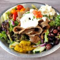 Gyro Salad · Lettuce, tomato, onion, cucumber, feta, olives, tzatziki sauce. Served with a side of house ...