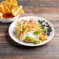 Green Chili Enchiladas · Topped with green chile and sour cream, served with Latin fried rice, black beans, lettuce, ...