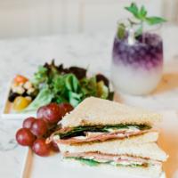 Prosciutto, Feta And Balsamic Fig Sandwich  · Served with a side California mixed greens salad, garbanzo beans, olives and cherry tomatoes.