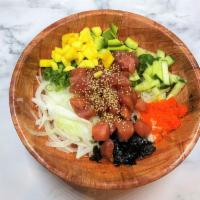 Classic Hawaiian Bowl · Tuna, seaweed salad, onion, scallions, avocado, cucumber, masago, sesame seeds with choice o...