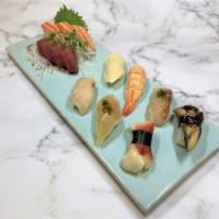 Sashimi and Nigiri Combo · Salmon and Tuna sashimi and 7 kinds of nigiri (Chef's choice, but usually: salmon, tuna, shr...