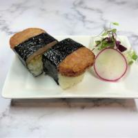 Spam Musubi · Pan seared spam, broiled and brushed with miso glaze, on top of sushi rice wrapped in nori a...