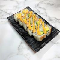 Spicy California Roll · Spicy crab salad, avocado, cucumber roll dusted with togarashi and drizzled with spicy mayo....