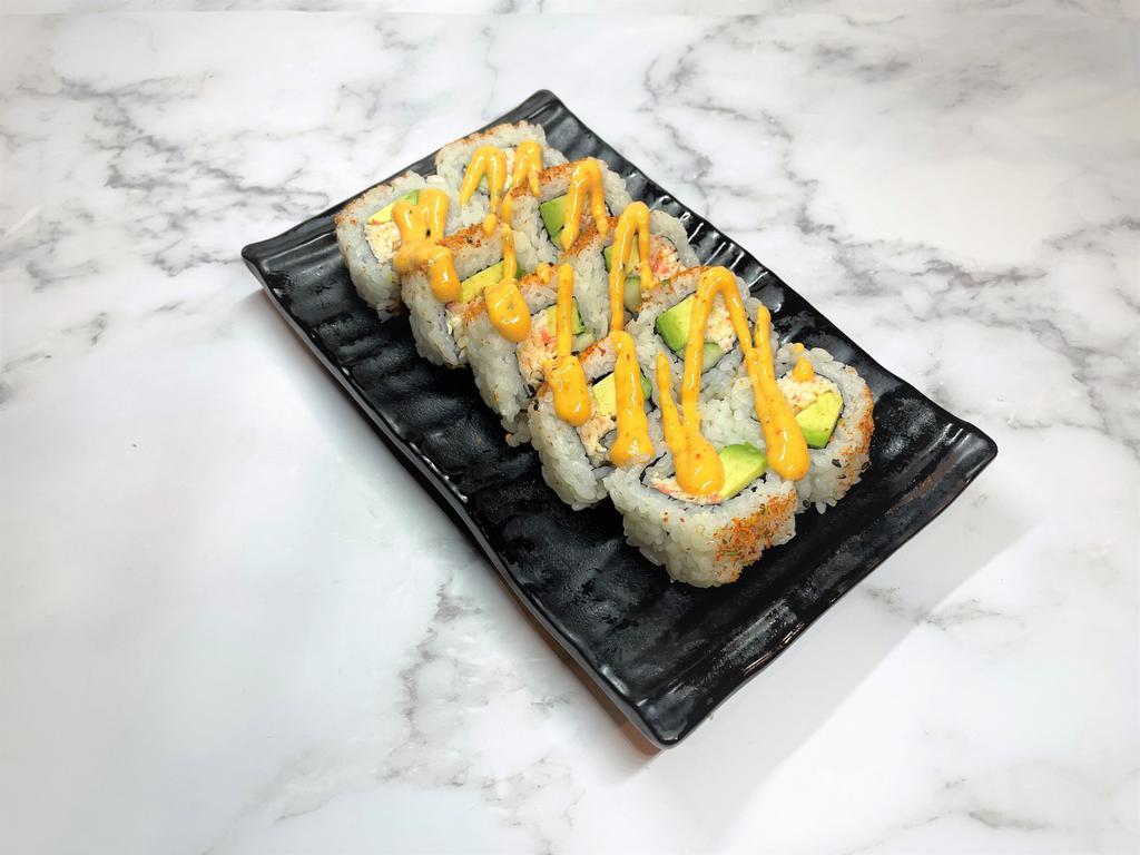 Spicy California Roll · Spicy crab salad, avocado, cucumber roll dusted with togarashi and drizzled with spicy mayo. 10 pcs. 