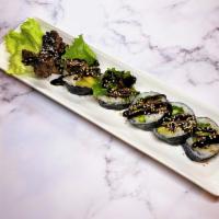 Korean BBQ Roll · Grilled Korean short rib rolled with lettuce, cucumber, and avocado. Drizzled with 'eel' sau...