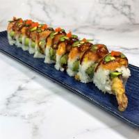 Salmon Picante Roll · Shrimp tempura and avocado roll topped with spicy salmon, jalapeno, masago, and crunch. Driz...