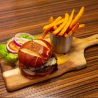 CAVU Burger · Chef's choice. Fresh American wagyu burger topped with thick bacon jam, sauteed mushroom, pe...