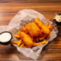 CAVU Fish and Chips · Ocean cod filets in our beer batter made with CAVU crafted beer. Served with french fries, t...