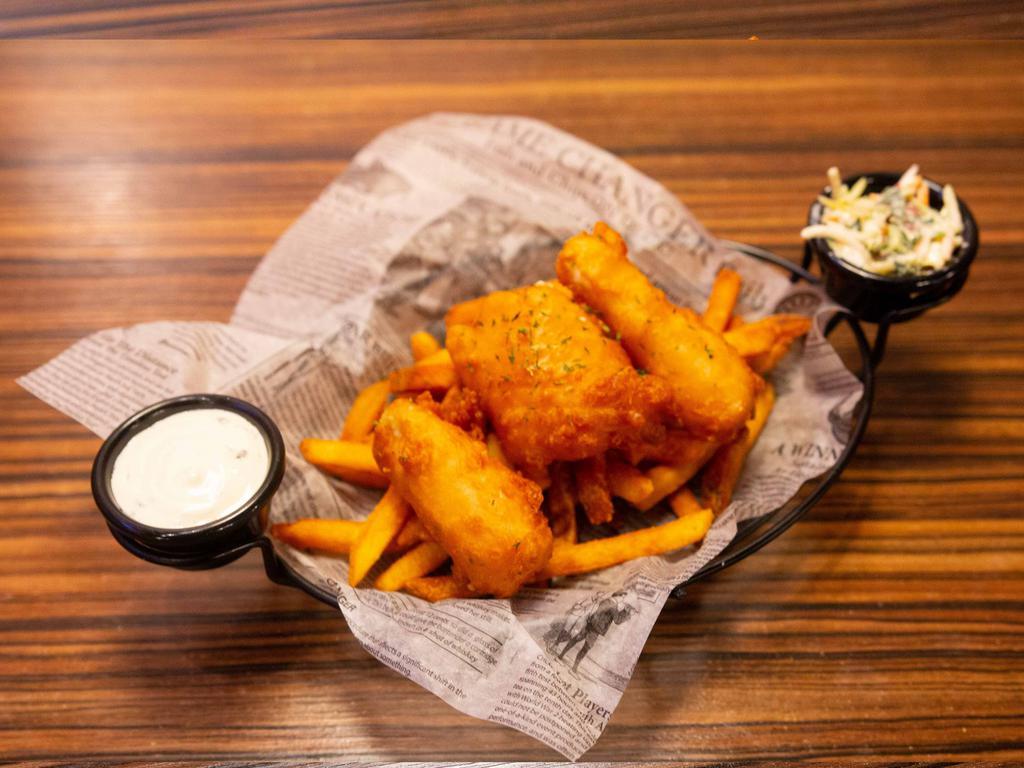CAVU Fish and Chips · Ocean cod filets in our beer batter made with CAVU crafted beer. Served with french fries, tartar sauce and lemons.