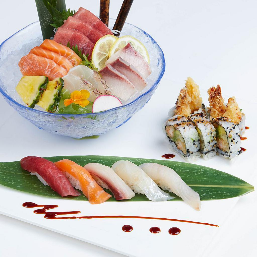 Sushi and Sashimi Combo for 1 · 5 pieces assorted sushi and 10 pieces sashimi with a shrimp tempura roll.
