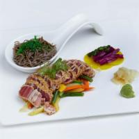 Pan Seared Tuna with Cold Soba Noodles · Seared tuna with wasabi and spicy sauce.