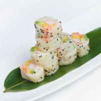 Moca Roll · Inside: lobster salad, shrimp, mango, avocado, kani and tobiko. Outside: wrapped with soy be...