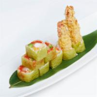 King Lobster Roll · Inside: lobster tail tempura, spicy tuna and avocado. Outside: wrapped with soy bean paper.