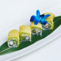 Steam Lobster Roll · Inside: fresh Maine lobster, asparagus, wasabi tobiko. Outside: sliced avocado and chili man...