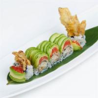 Montauk Roll · Inside: soft-shell crab and cucumber. Outside: spicy tuna and avocado with eel sauce. Spicy.