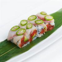 Oyster Bay Roll · Inside: spicy tuna and avocado. Outside: sliced yellowtail jalapeno, with spicy mayo sauce. ...