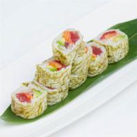 Woodbury Roll · Inside: tuna, salmon, yellowtail and avocado. Outside: wrapped with konbu nori seaweed toppe...