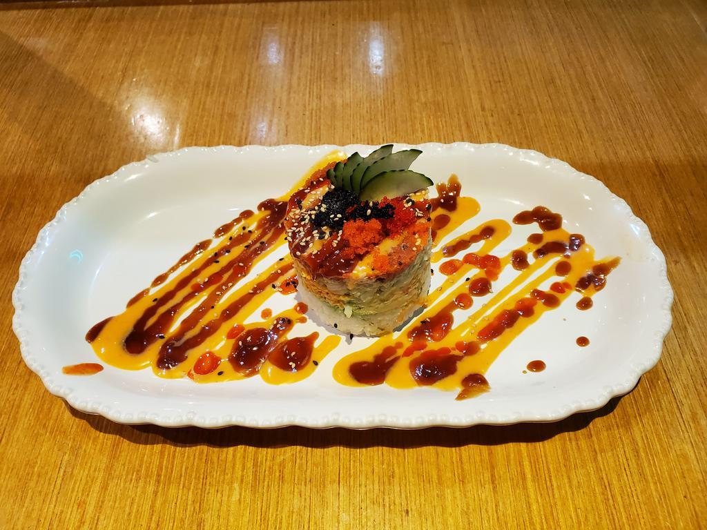 Umiya Tower · Avocado, crab meat, spicy tuna and kind tobiko sushi rice mango and spicy  mayo ell sauce.