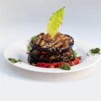 Stuffed Halloumi · Grilled layers of Halloumi cheese, tomatoes, & eggplant topped w/ balsamic vinegar &...