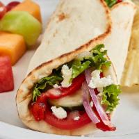 Greek Salad Gyro with Chicken · Grilled Chicken, tomatoes, cucumbers, roasted red peppers, red onions, mixed lettuce, feta, ...