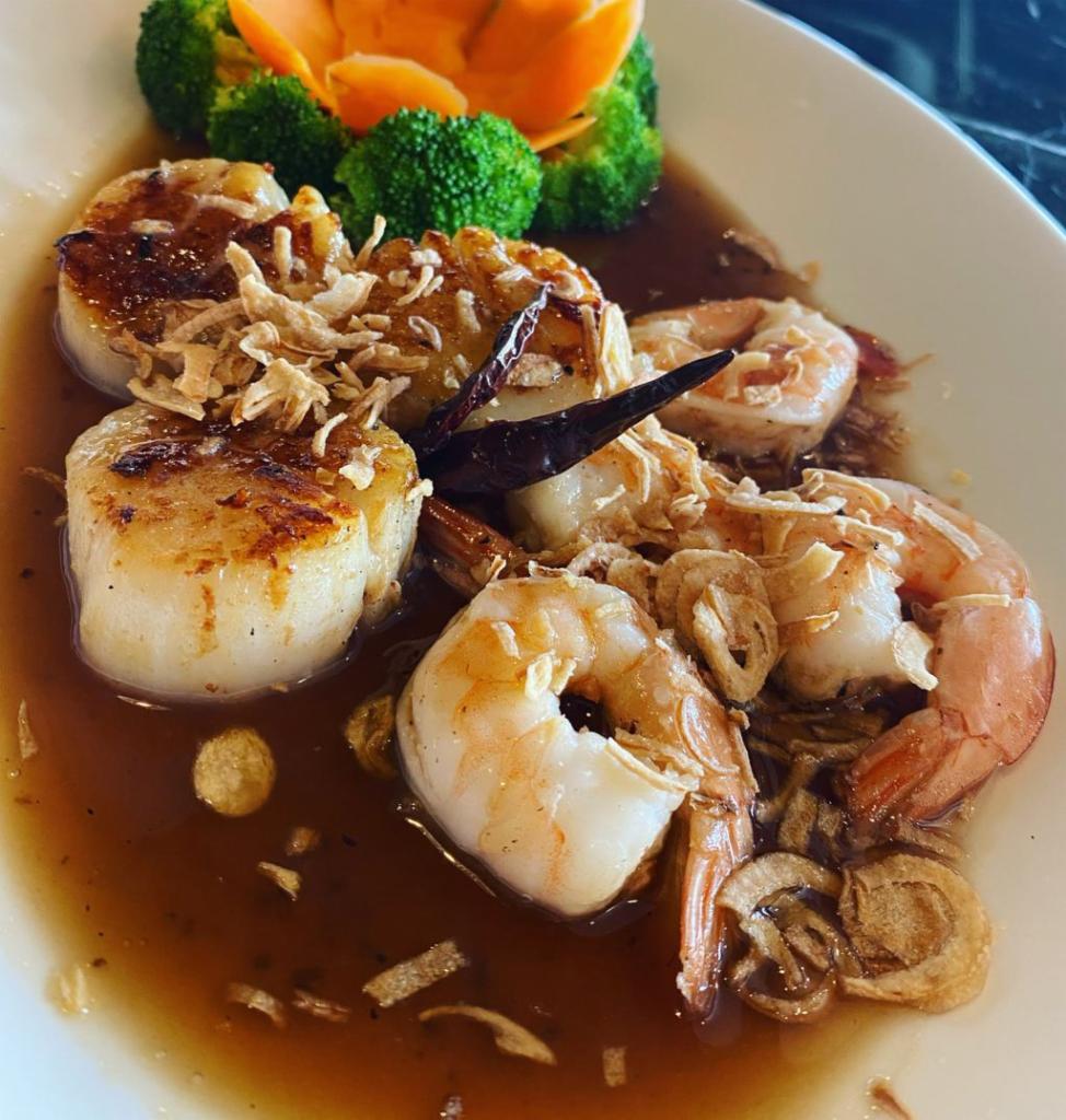 Shrimp and Scallop · Seared Shrimp and Scallop in our special sauce topped with Fried onions served with steamed Broccolis and White rice