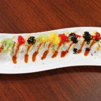 Monster Shrimp Roll · Shrimp tempura, cucumber, spicy crab. topped with avacado shrimp and sauce