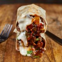 Steak N’ Cheesy Chipotle Burrito · asada marinated grilled angus steak, melted queso, chipotle sour cream, mezclajeté smoked ho...