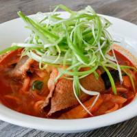 BK Brisket Jjamppong · Spicy soup with beef brisket, vegetables and noodles or rice.