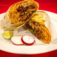 Burrito · Our Burrito consists of: Short grained spanish rice, pot beans, your choice of meat, raw oni...