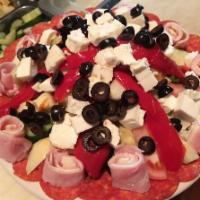 Cold Antipasto · Pepperoni, tomatoes, cucumbers, black olives, giardiniera, house-made roasted peppers, artic...