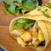 Southwest Crepe · Savory Crepe filled with BBQ Chicken, corn, lettuce and chili mayonnaise. Served with side o...