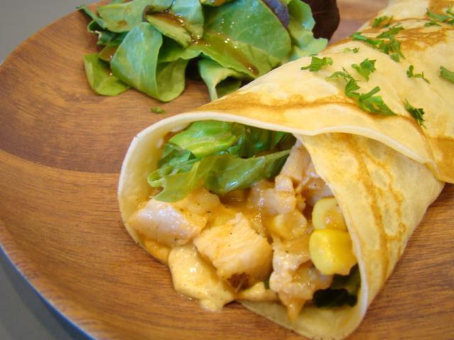 Southwest Crepe · Savory Crepe filled with BBQ Chicken, corn, lettuce and chili mayonnaise. Served with side of salade (Ranch or Balsamic)