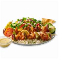 Shrimp Kebob Feast · Shrimp Kebobs with a side Greek Salad and your choice of Basmati Rice or Roasted New Potatoe...