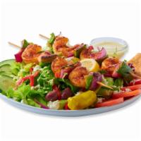 Greek Salad with Shrimp Kebobs · Grilled Shrimp Kebobs, fresh mixed lettuces, tomatoes, cucumbers, roasted red peppers, red o...