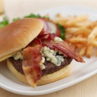 Black and Bleu Burger · Seared with Cajun spices, topped with melted bleu cheese crumbles, applewood-smoked bacon an...