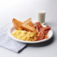 Kids Scrambler with Bacon · Scrambled eggs, bacon, white toast. Served with milk or kids juice.