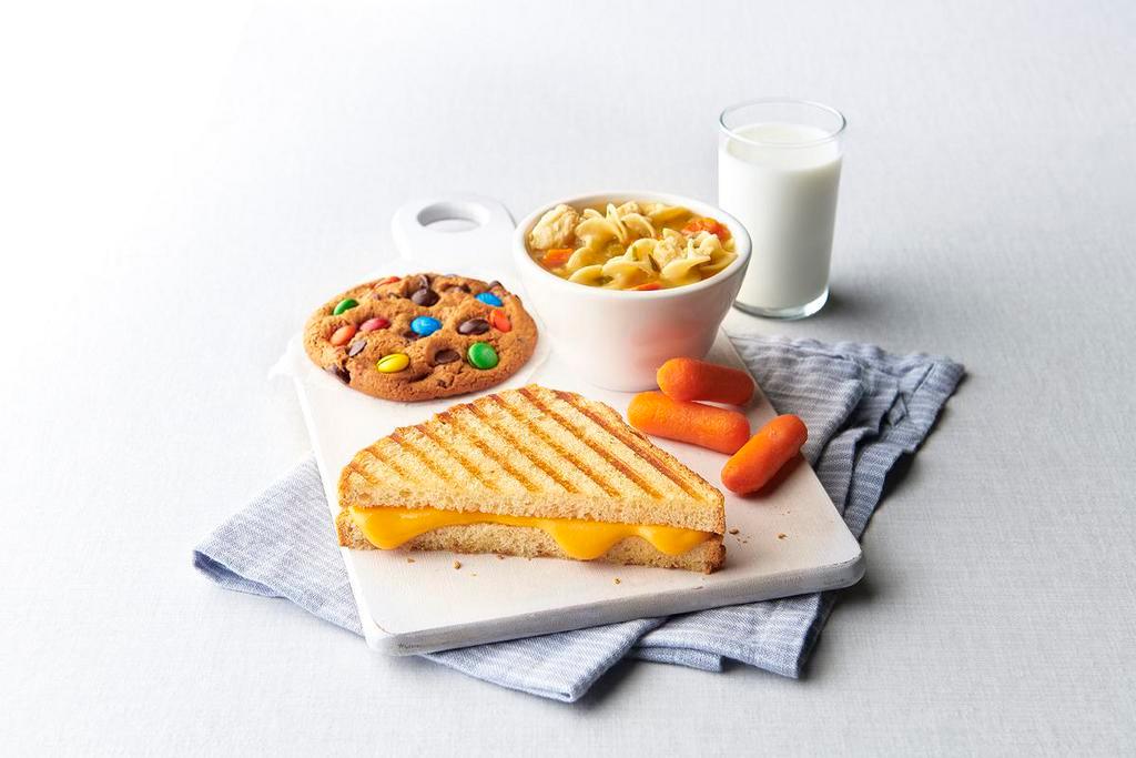 Kids Combo · Any half kids' sandwich paired with a small soup and your choice of bakery chips or baby carrots. Served with your choice of fresh fruit or freshly baked cookie and milk, 12 oz soft drink, or kids' juice.