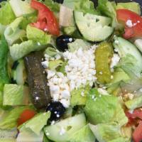 Greek Salad · Romaine hearts, tomatoes, cucumbers, feta cheese, Kalamata olives, pepperoncini peppers, and...