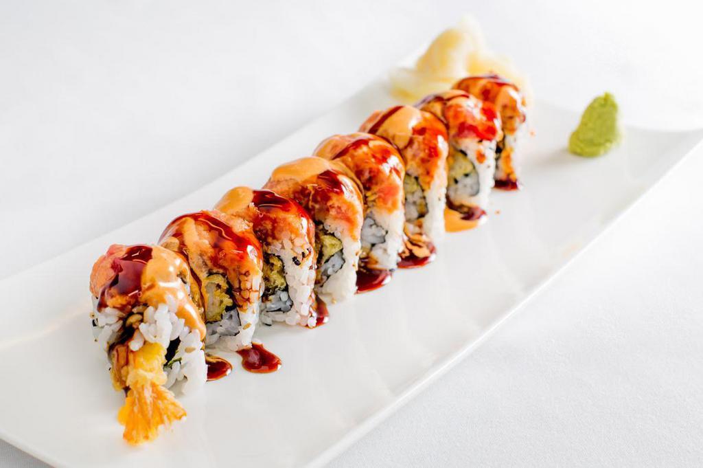The Shrimpy Special Roll · Shrimp tempura topped with spicy tuna.
