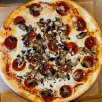 Pepperoni and Mushroom Pizza · Mozzarella, pizza sauce, pepperoni, mushroom, fresh garlic.