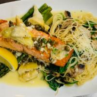 Grilled Salmon Piccata · Grilled Atlantic salmon, lemon white-wine butter sauce, artichoke hearts, capers, side angel...