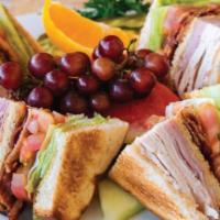 Old School Club Sandwich · Ham, turkey, bacon, tomato, lettuce, mayo, stacked on 3 slices of white toast, with choice o...