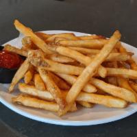 NAKED FRIES · Long cut crispy and salty.