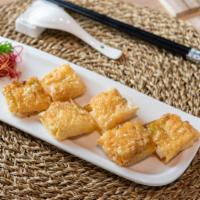 Crispy Shrimp with tofu skill roll. 黄金鲜虾腐皮卷 · 3 pieces.